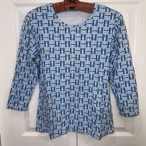 J. McLaughlin Catalina Cloth 3/4 Sleeve Top Blue &Black Geometric Size Small EUC